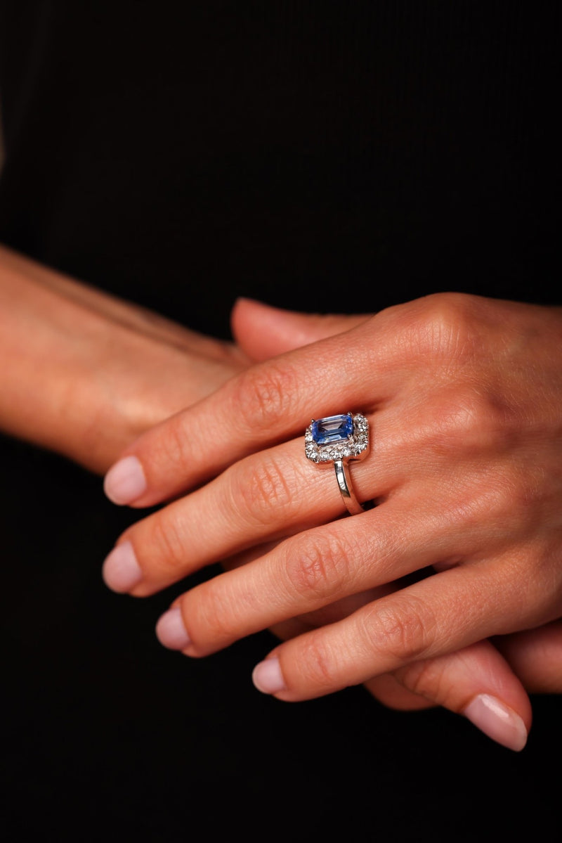 Mid Century Sapphire Diamond 14K White Gold Ring