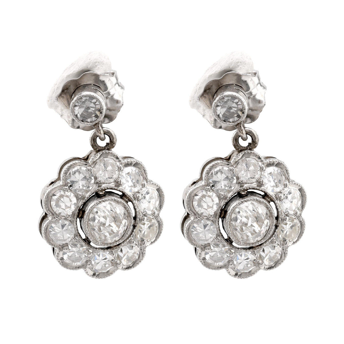 Art Deco Inspired Diamond Platinum Cluster Drop Earrings