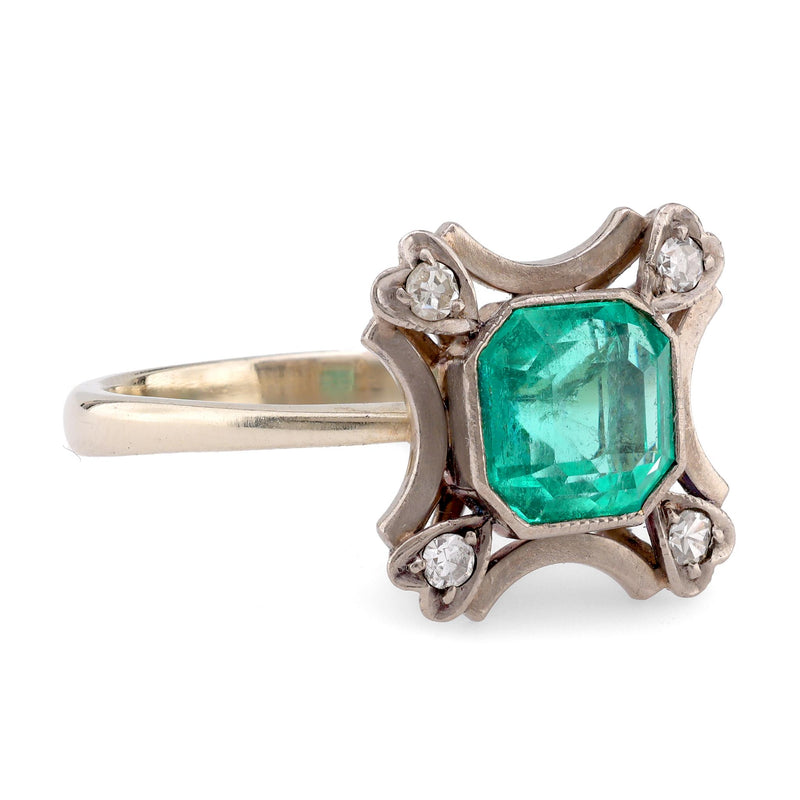 Art Deco Emerald Diamond 18K White Gold Ring