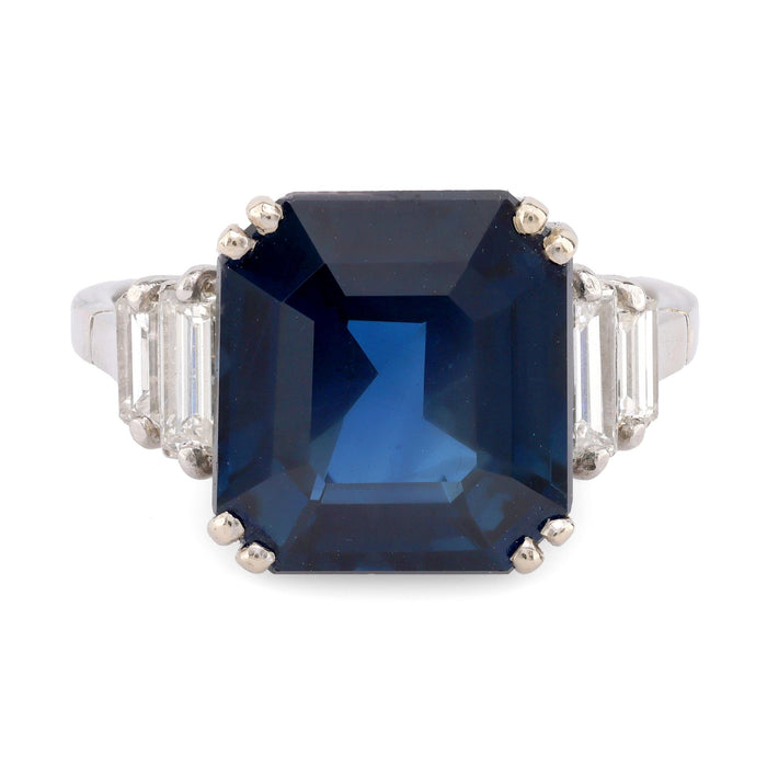 Mid Century French GIA 6.93 Carat Octagonal Cut Sapphire Diamond Platinum Ring