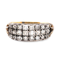 Georgian Peruzzi Cut Diamond 18K Yellow Gold and Silver Three Row Ring