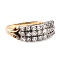 Georgian Peruzzi Cut Diamond 18K Yellow Gold and Silver Three Row Ring