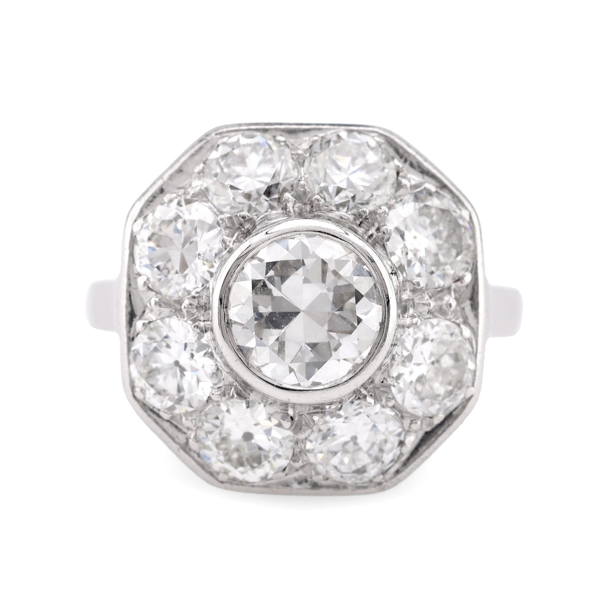 Art Deco French 2.40 Carat Total Weight Diamond Platinum Ring