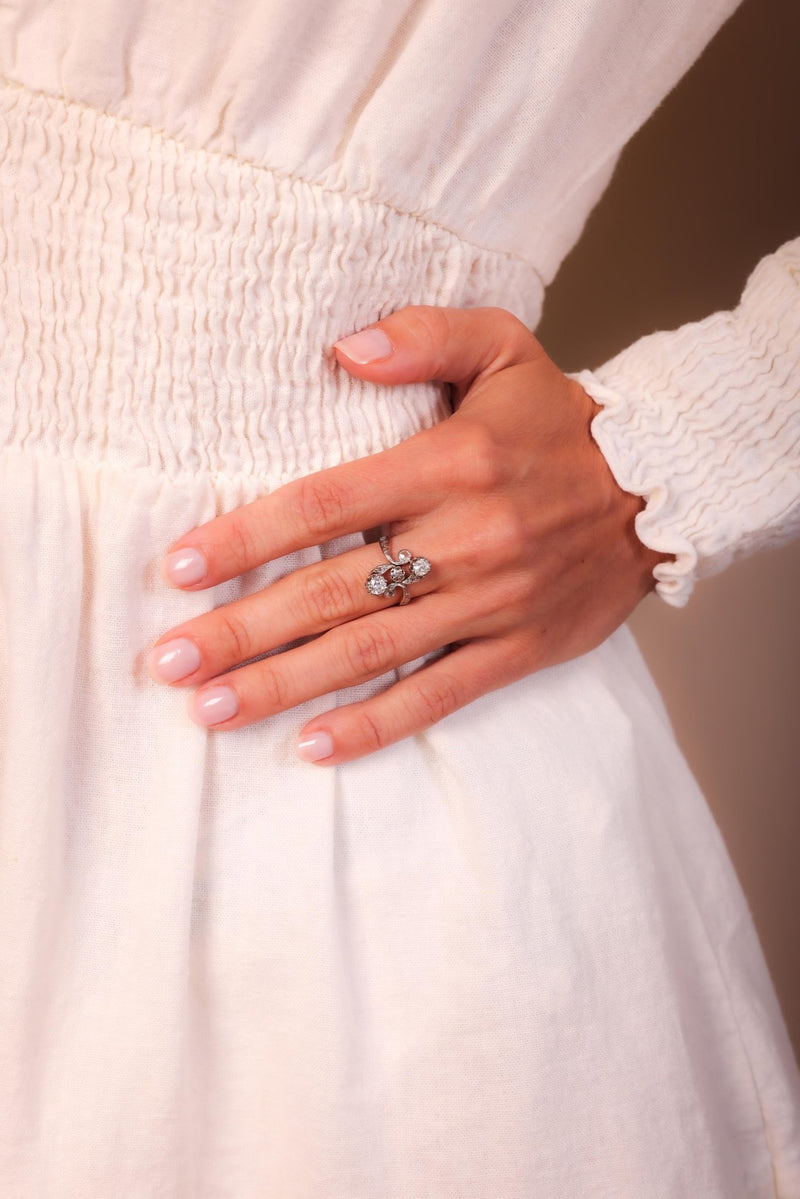 Edwardian Diamond 18K Rose and White Gold Toi Et Moi Ring