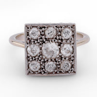 French Antique Diamond 18K Yellow Gold and Platinum Square Nine Stone Ring