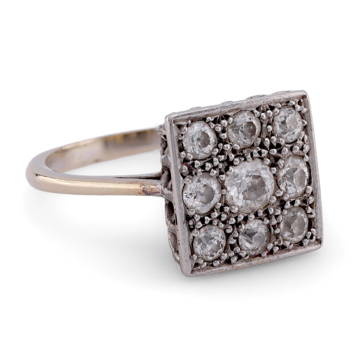 French Antique Diamond 18K Yellow Gold and Platinum Square Nine Stone Ring