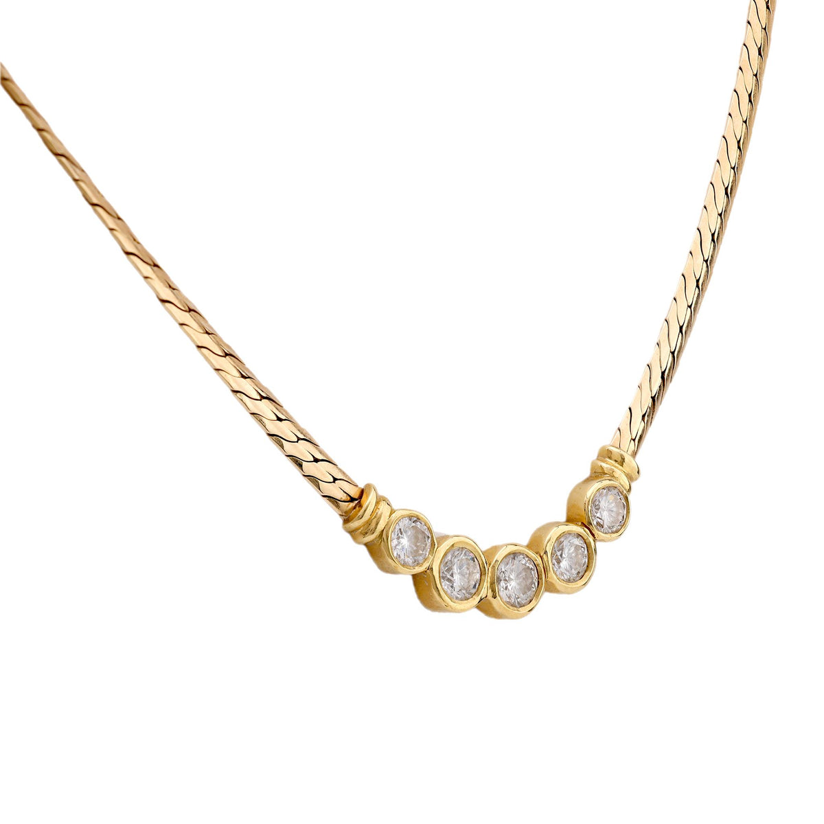 Vintage Italian Diamond 14K Yellow Gold Five Stone Necklace