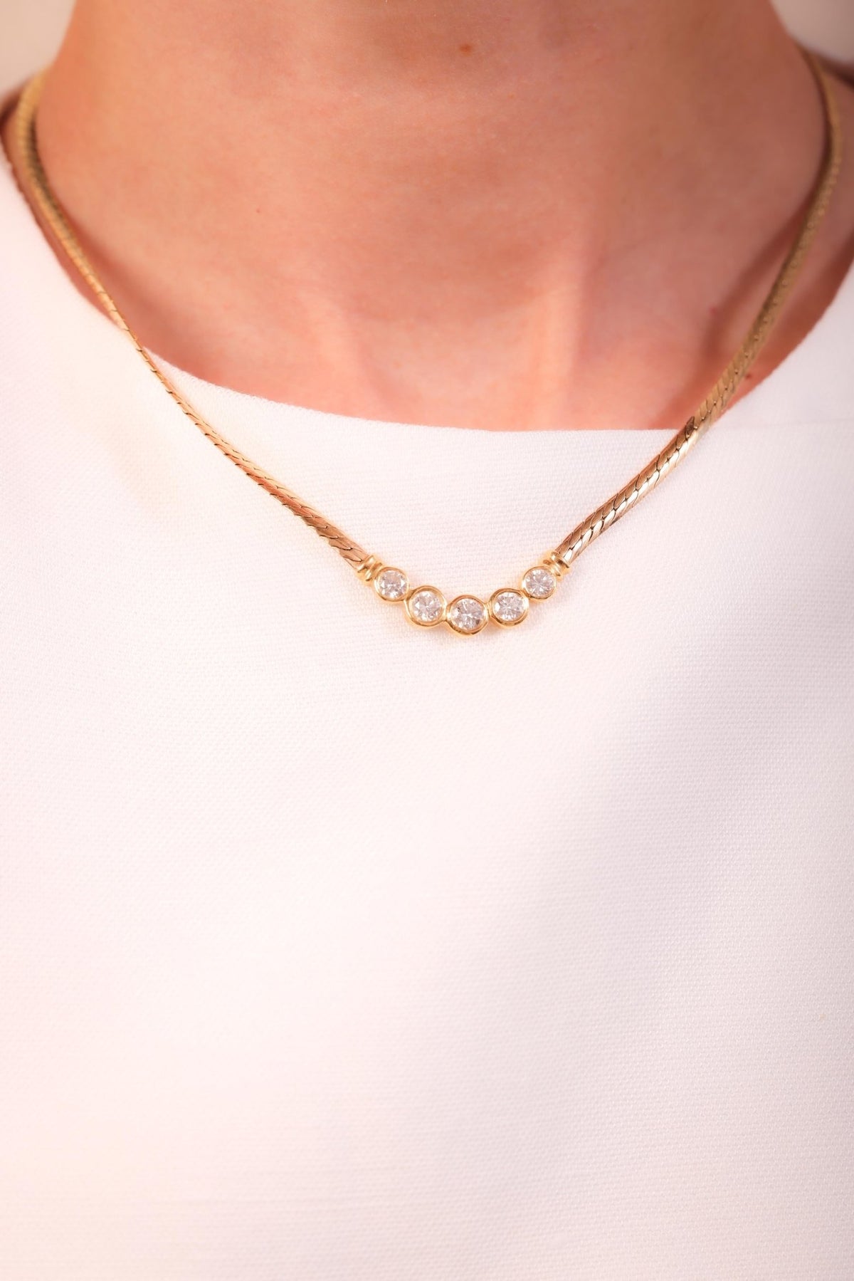 Vintage Italian Diamond 14K Yellow Gold Five Stone Necklace