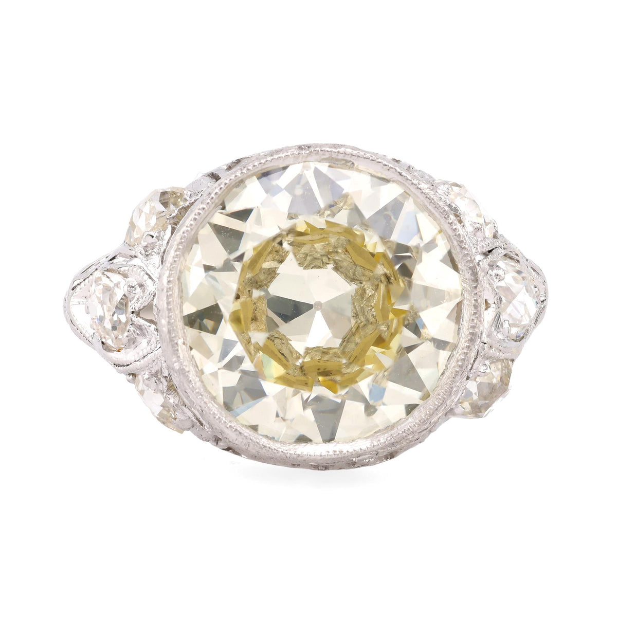 Art Deco GIA 5.85 Carat Circular Brilliant Cut Diamond Platinum Filigree Ring