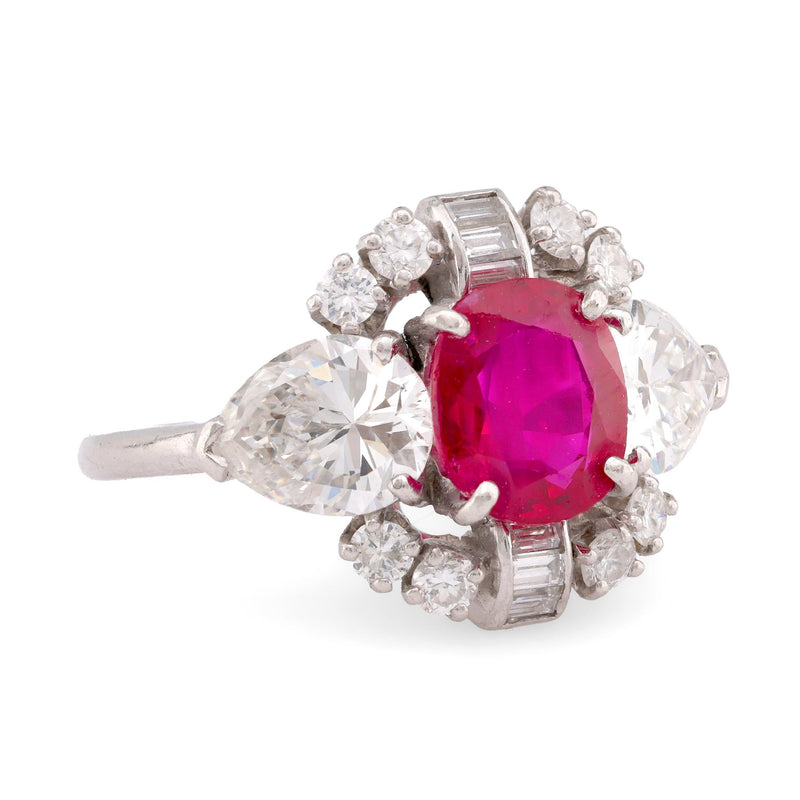 Mid Century GIA 1.5 Carat Burma No Heat Ruby Diamond Platinum Ring