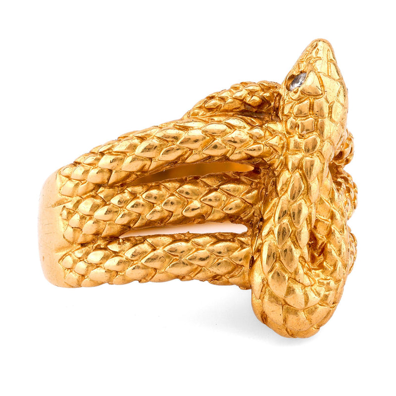 Vintage Diamond 18K Yellow Gold Snake Ring