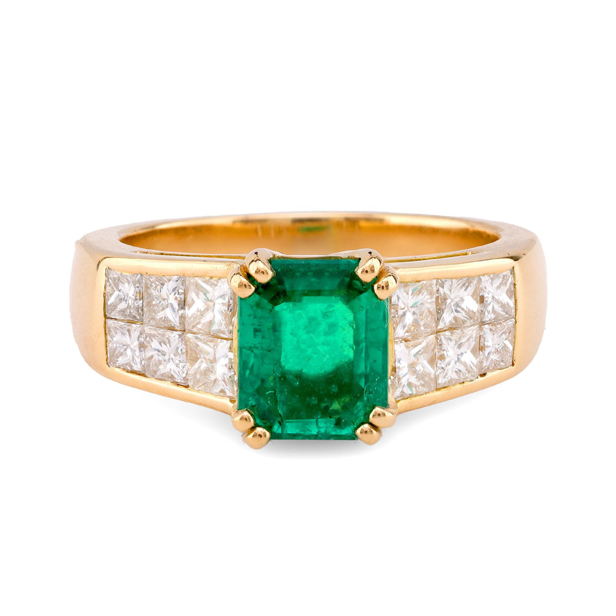 Vintage French GIA 1.25 Carat Colombian Emerald Diamond 18K Yellow Gold Ring