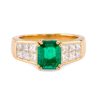 Vintage French GIA 1.25 Carat Colombian Emerald Diamond 18K Yellow Gold Ring