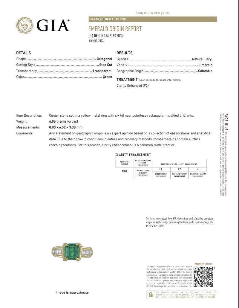 Vintage French GIA 1.25 Carat Colombian Emerald Diamond 18K Yellow Gold Ring