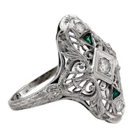 Art Deco Diamond Emerald Platinum Navette Ring