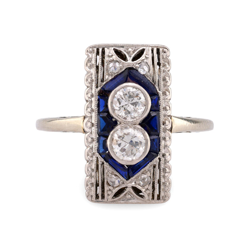 Art Deco Diamond Sapphire 18K White Gold Two Stone Ring