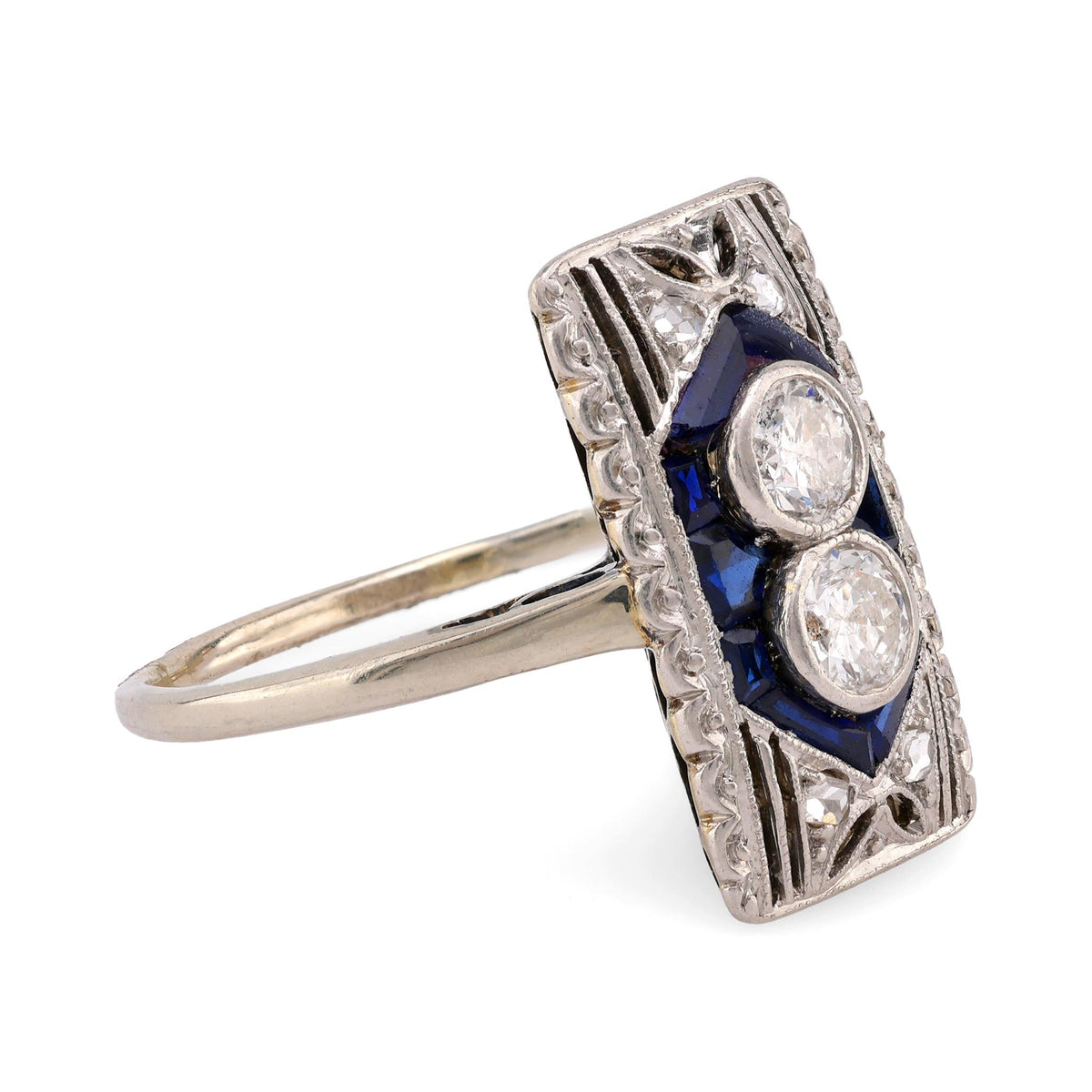 Art Deco Diamond Sapphire 18K White Gold Two Stone Ring