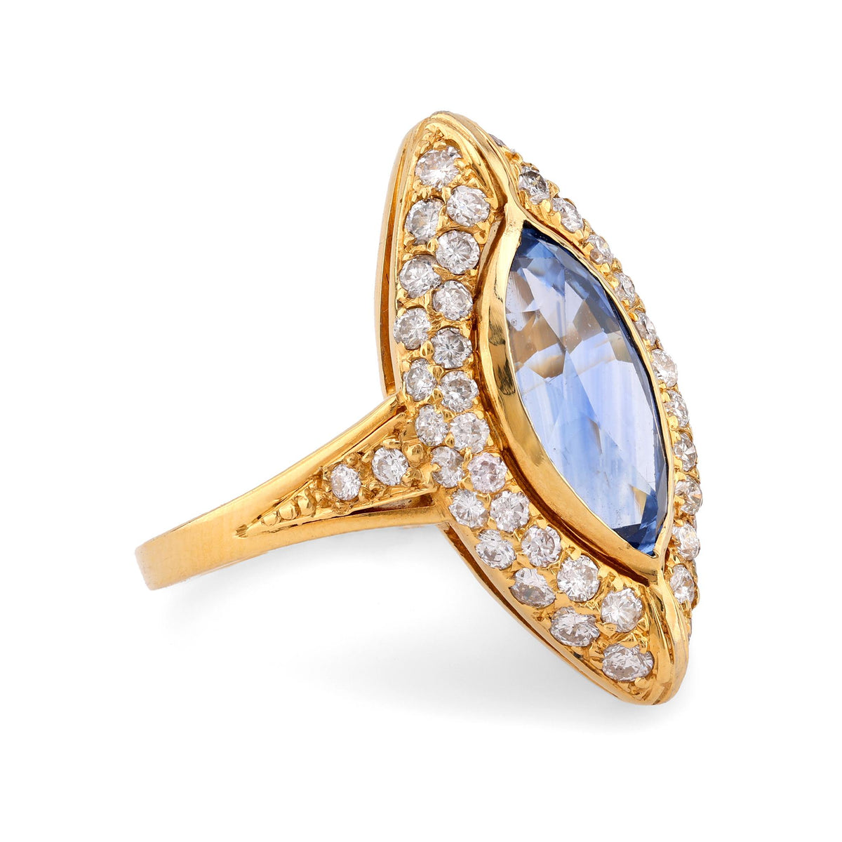 Vintage GIA 2.82 Carat Sapphire Diamond 18K Yellow Gold Navette Ring