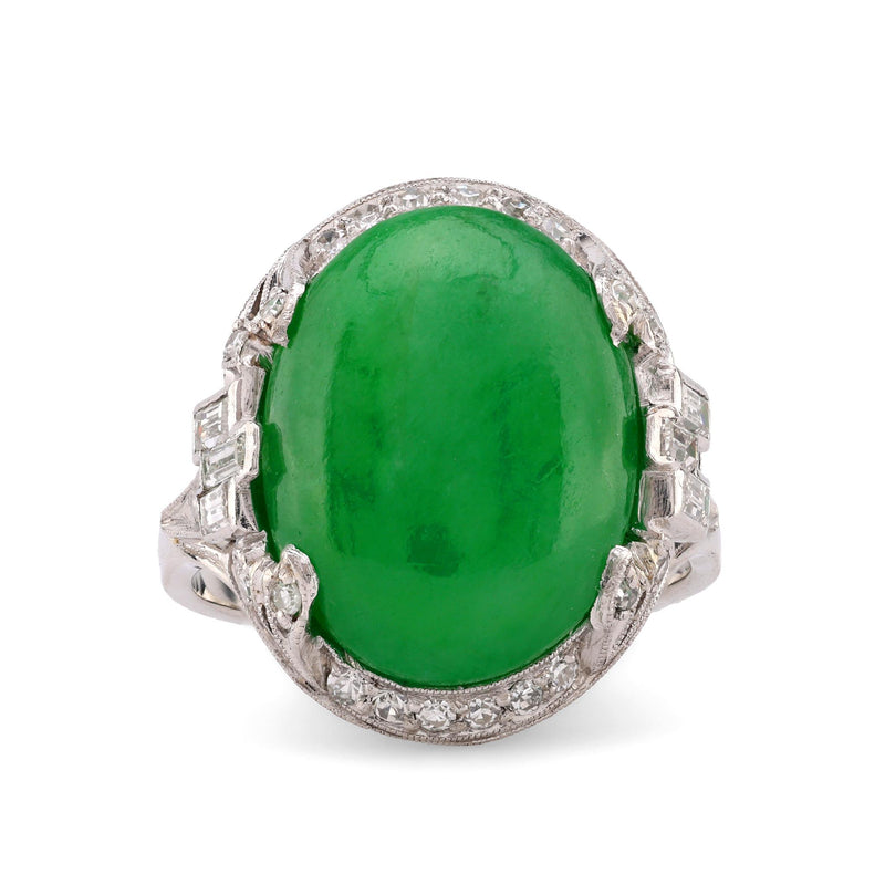 Art Deco French GIA 8.8 Carat Green Jade Diamond Platinum Ring