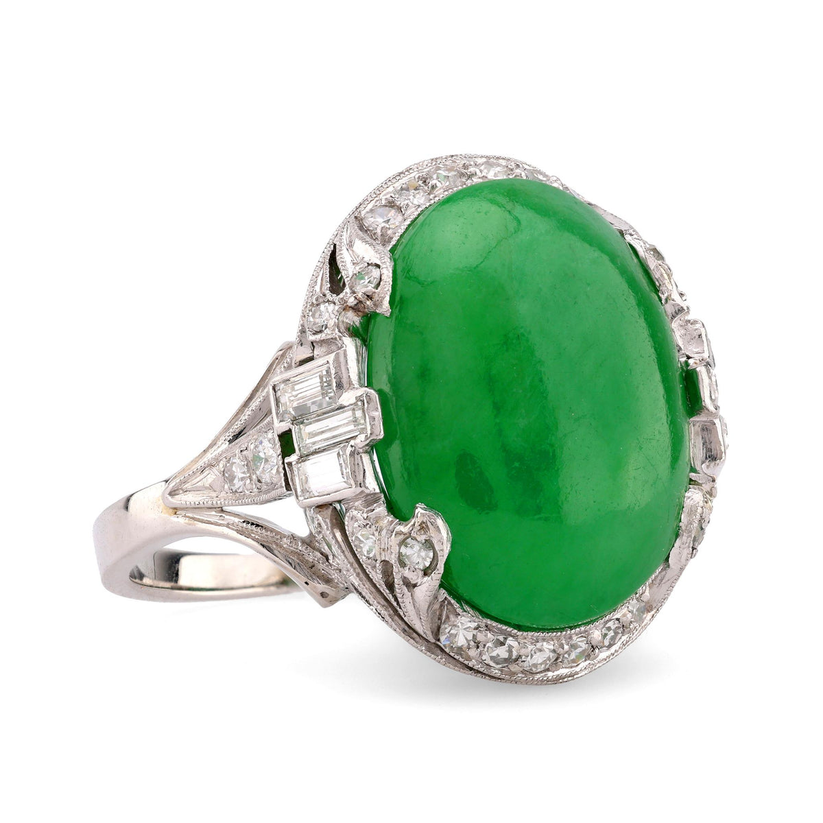 Art Deco French GIA 8.8 Carat Green Jade Diamond Platinum Ring