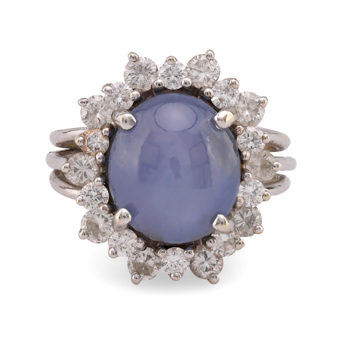 Mid Century 8.6 Carat Star Sapphire Diamond 14K White Gold Cluster Ring