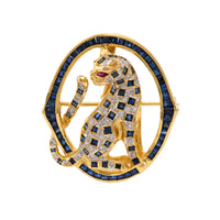 Vintage Sapphire Diamond Ruby 18K Yellow Gold Panther Brooch/Pendant