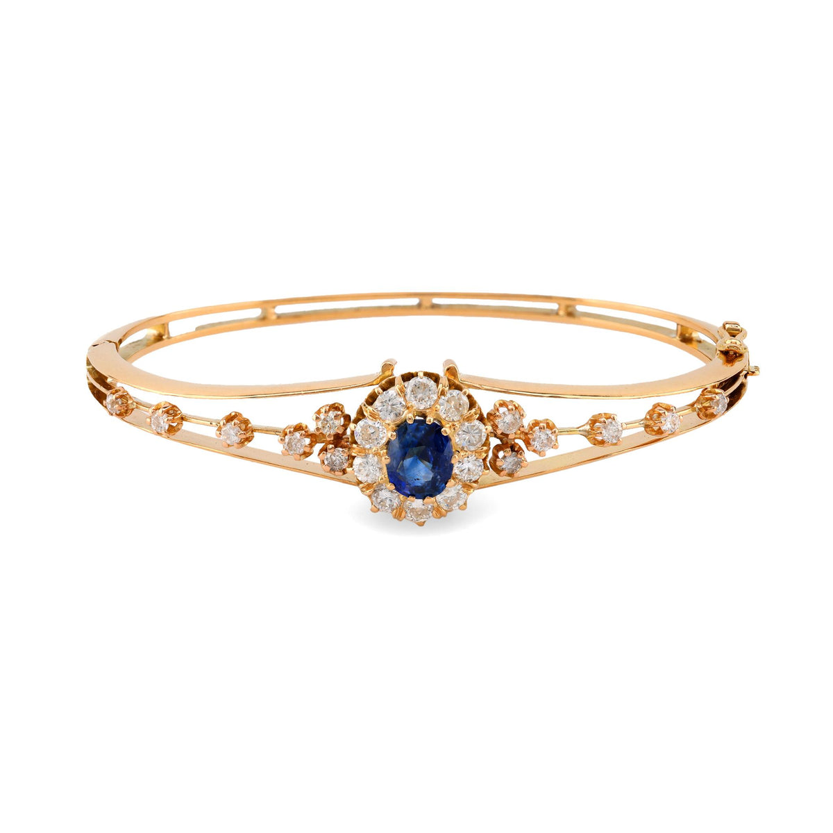 Victorian Inspired Sapphire Diamond 18K Yellow Gold Bangle