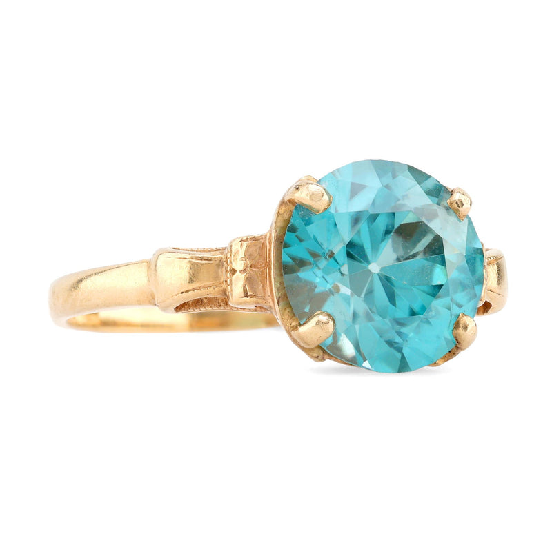 Retro Birks Blue Zircon 14K Yellow Gold Solitaire Engagement Ring