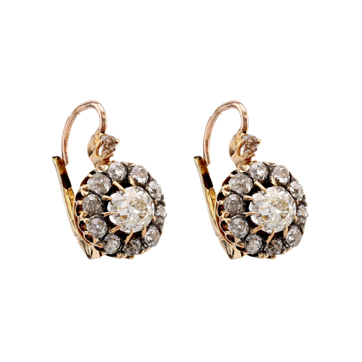 Victorian Old Mine Cut Diamond Yellow Gold Cluster Earrings