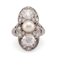 Edwardian GIA Natural White Saltwater Pearl Diamond Platinum Cocktail Ring