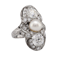 Edwardian GIA Natural White Saltwater Pearl Diamond Platinum Cocktail Ring