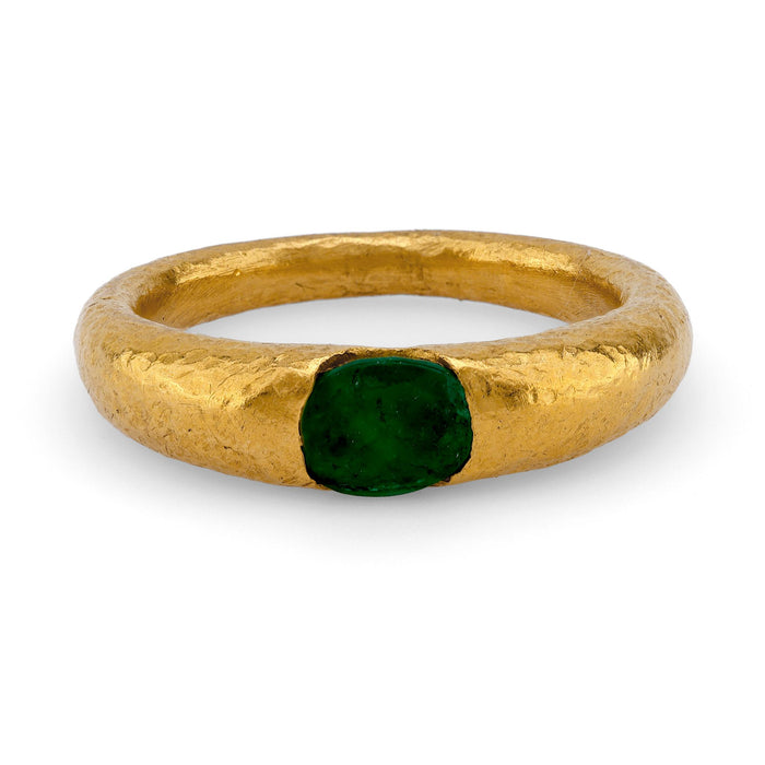 Roman Style Emerald 24K Textured Yellow Gold Solitaire Ring