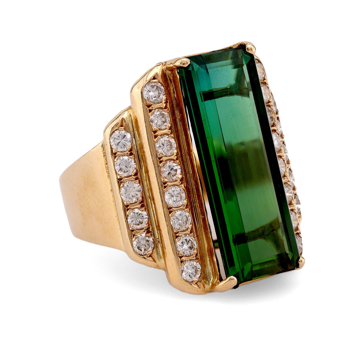 Vintage 6.9 Carat Tourmaline Diamond 14K Yellow Gold Cocktail Ring