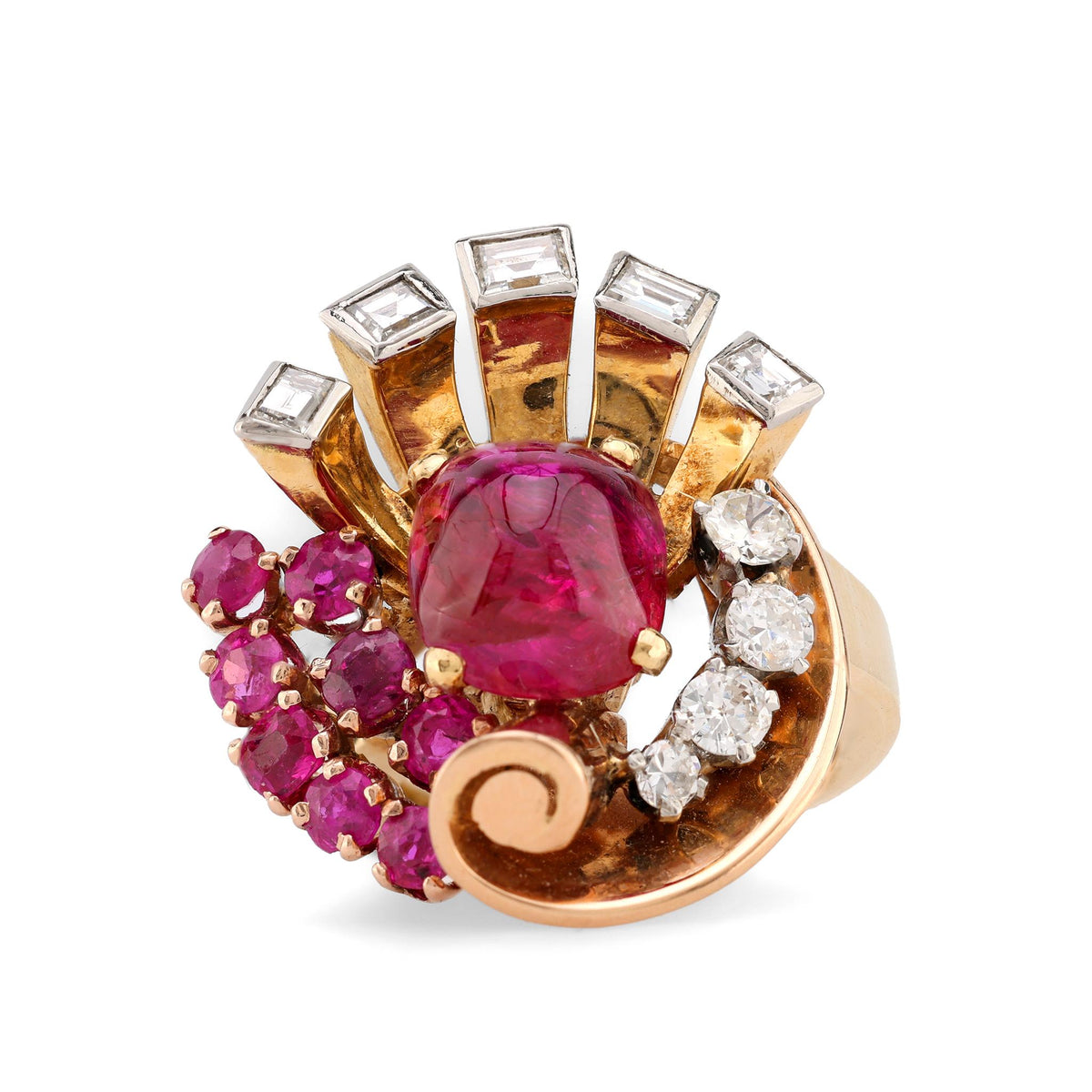 Retro 4.89 Carat Cabochon Cut No Heat Ruby Diamond 18K Yellow Gold Cocktail Ring