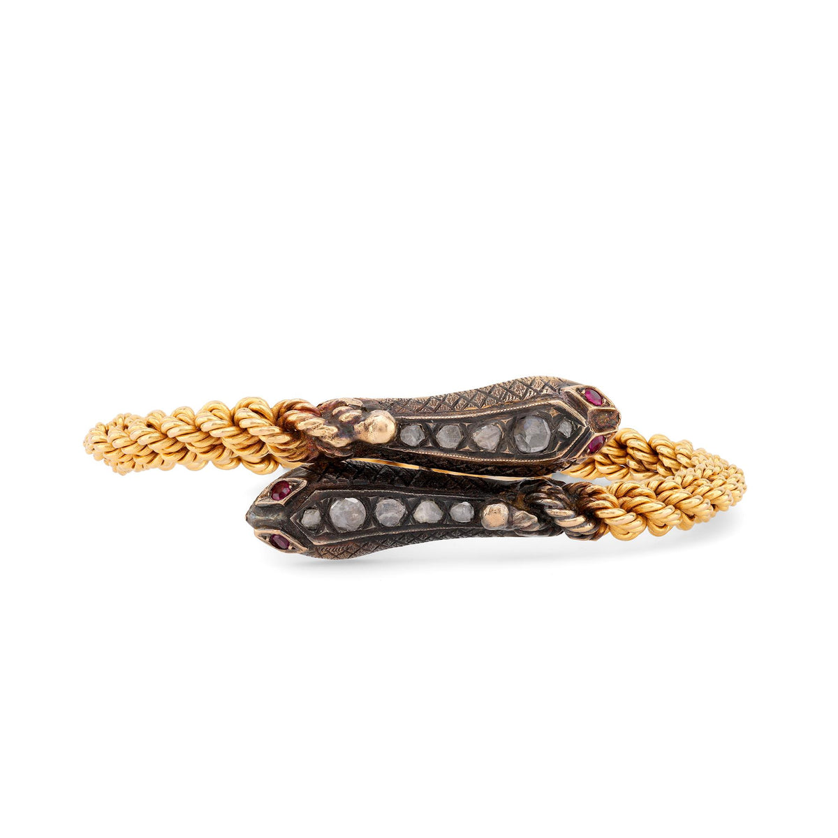 Antique Inspired Diamond Ruby 18K Yellow Gold Silver Snake Bangle