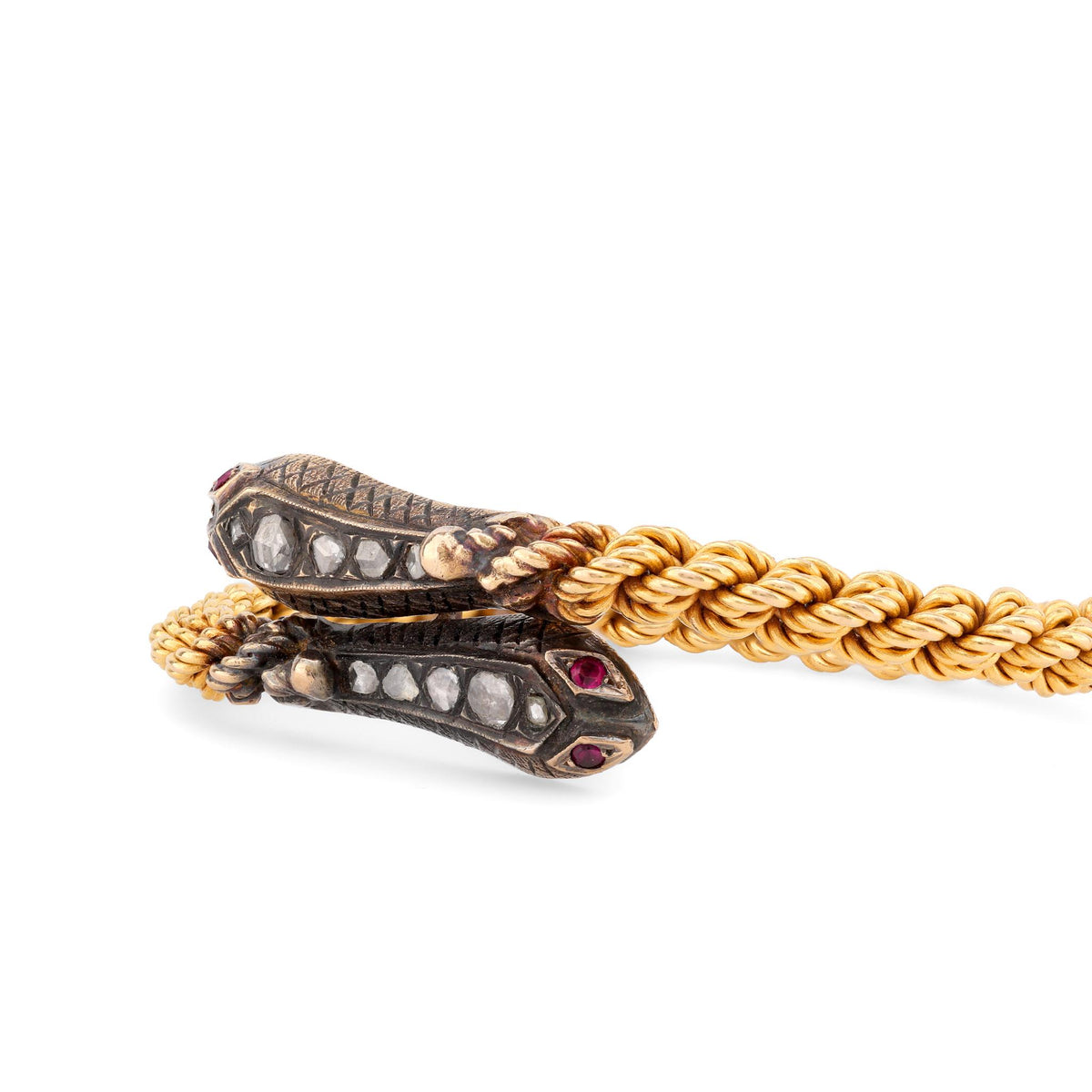 Antique Inspired Diamond Ruby 18K Yellow Gold Silver Snake Bangle