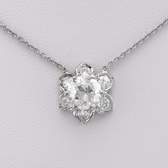 Antique Style 1.40 Carat Diamond Platinum Flower Necklace