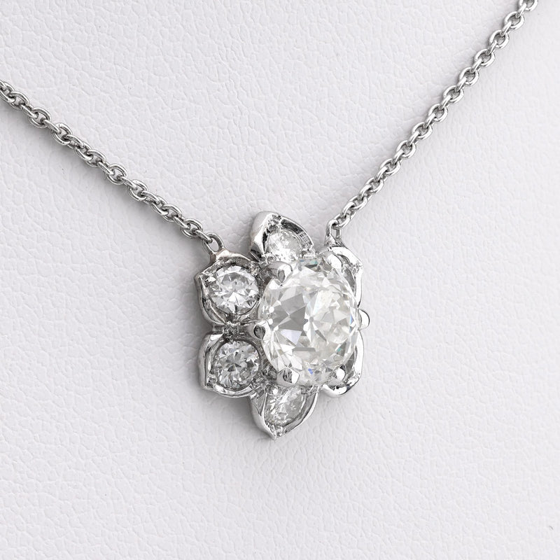 Antique Style 1.40 Carat Diamond Platinum Flower Necklace