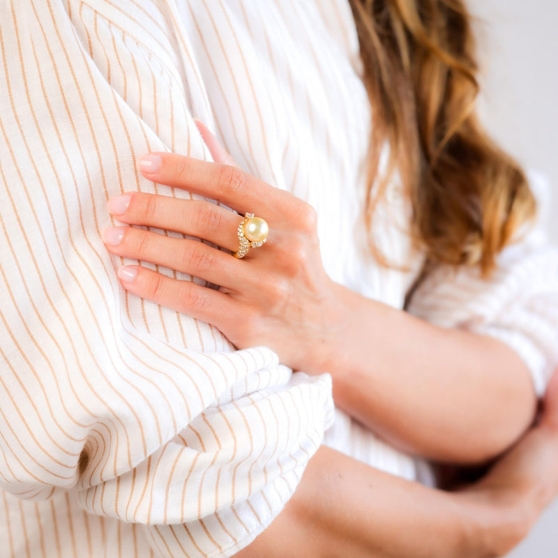 Vintage Pearl Diamond 18K Yellow Gold Cocktail Ring