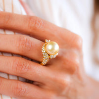 Vintage Pearl Diamond 18K Yellow Gold Cocktail Ring