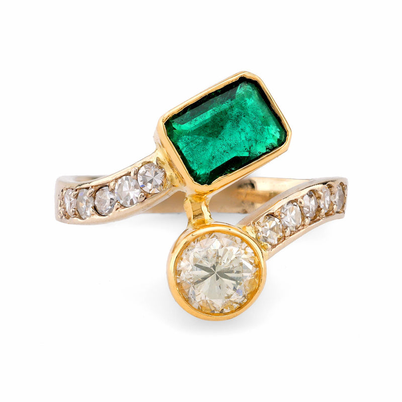 Vintage Emerald Diamond 18K Yellow Gold Bypass Ring