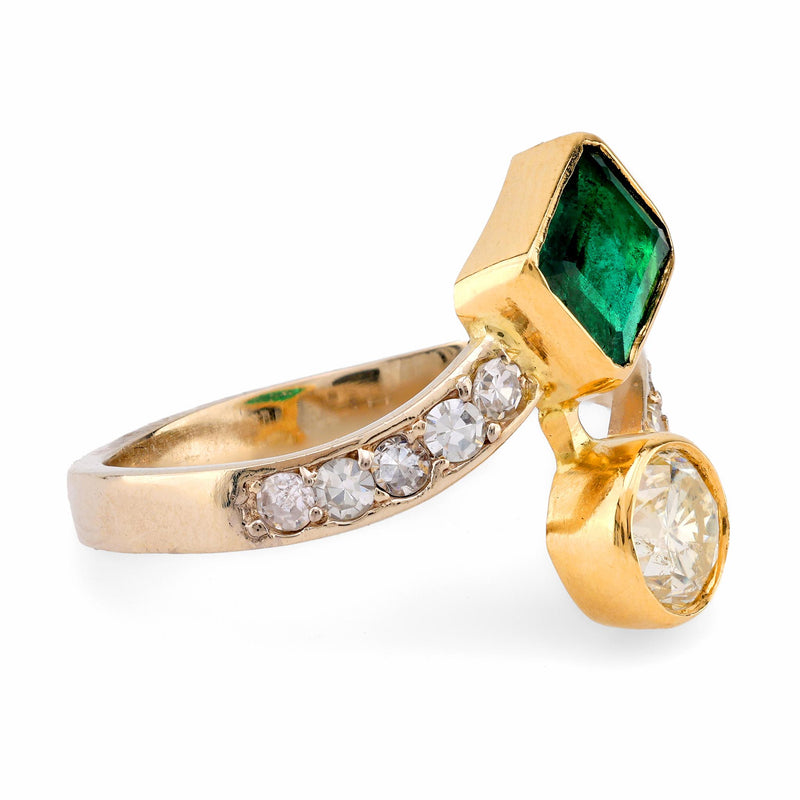 Vintage Emerald Diamond 18K Yellow Gold Bypass Ring