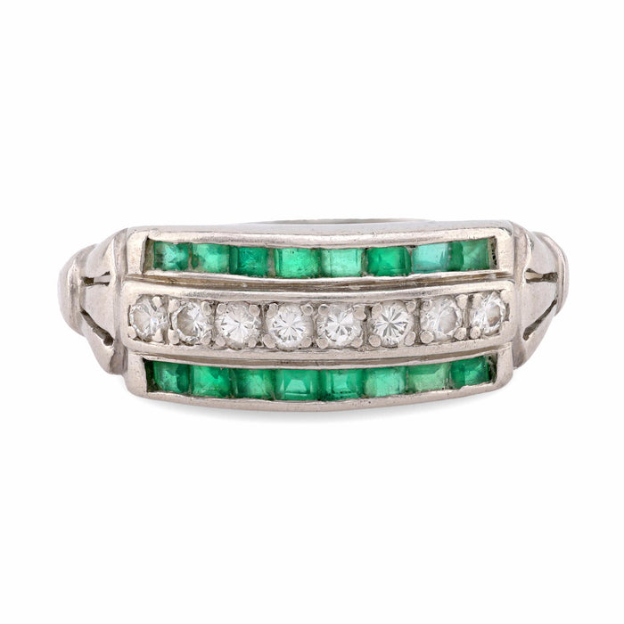 Art Deco Diamond Emerald Platinum Ring