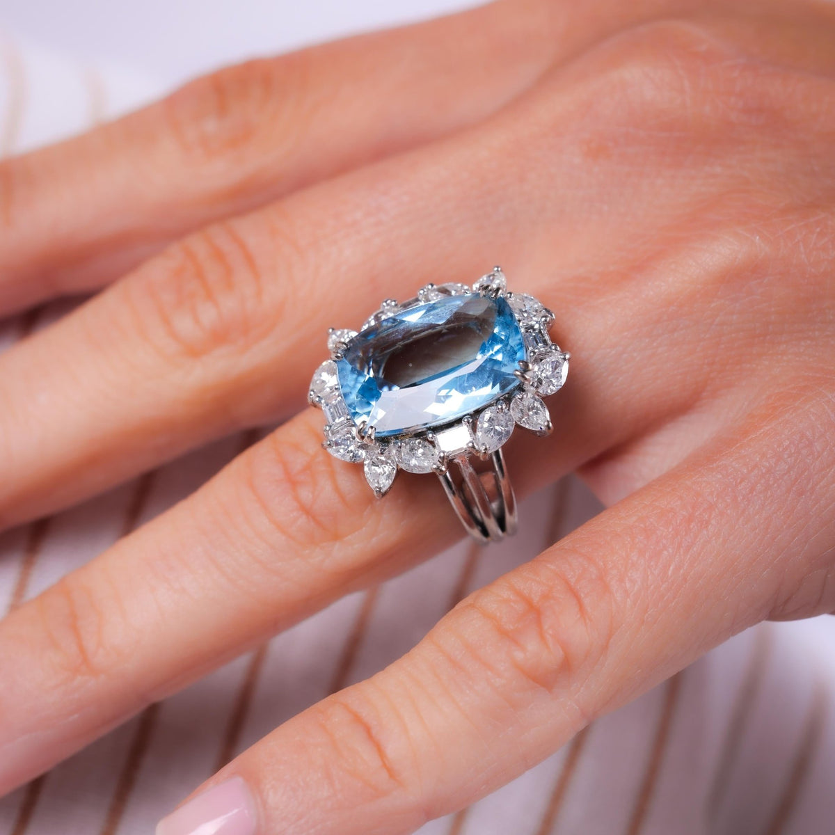 Mid Century 6 Carat Aquamarine Diamond 18K White Gold Cocktail Ring