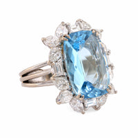 Mid Century 6 Carat Aquamarine Diamond 18K White Gold Cocktail Ring