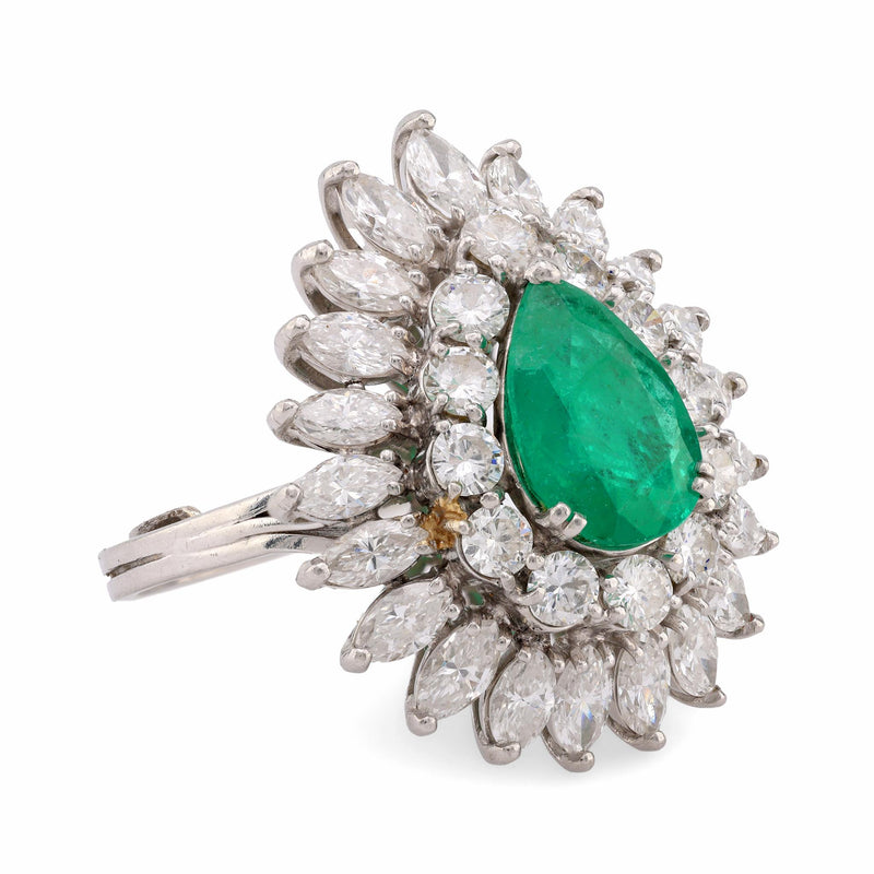 Mid Century Pear Shape Emerald Diamond 14K White Gold Cocktail Ring