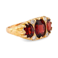 Victorian 4.2 Carat Oval Cut Garnet Diamond 18K Yellow Gold Three Stone Ring