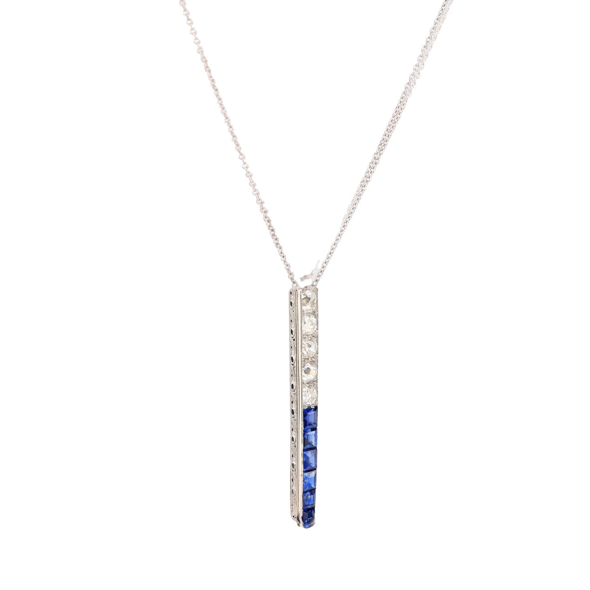 Art Deco Old Mine Cut Diamond Sapphire Platinum Necklace