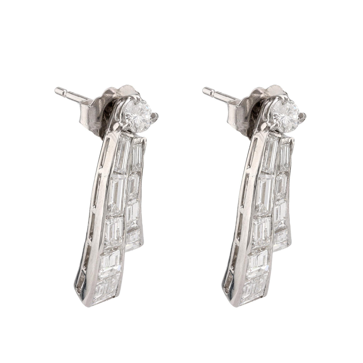 Mid Century 3 Carat Total Weight Diamond Platinum Fan Earrings