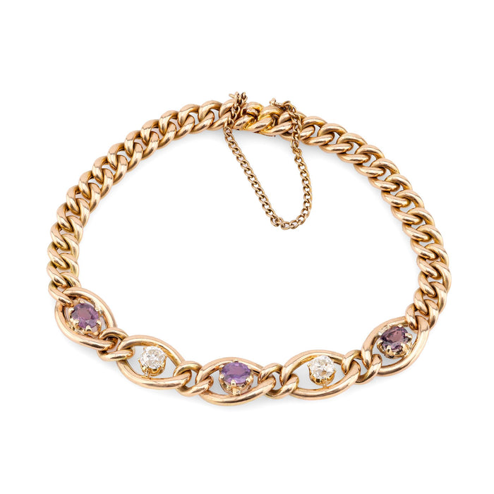 Victorian Purple Sapphire Diamond 15K Yellow Gold Bracelet